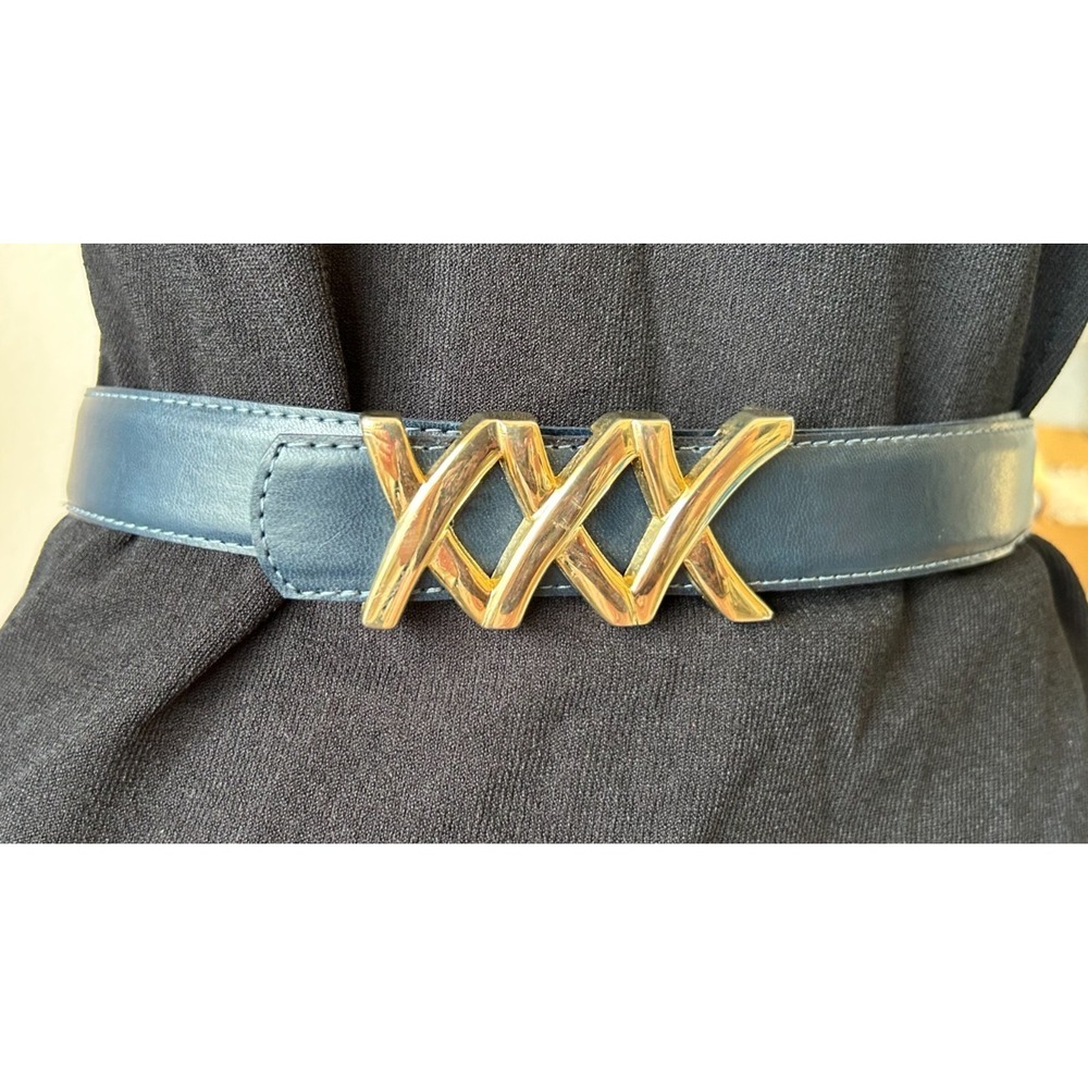 Vintage Leather Shop Paloma Picasso Triple X Belt Navy Blue Leather Gold Buckle